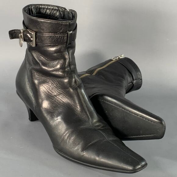 PRADA Size 7 Black Leather Kitten Heel Side Zipper Belted Ankle Boots - Picture 5 of 10